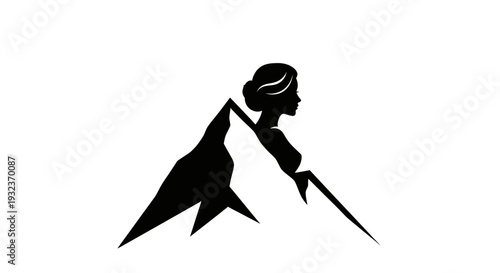 Black Silhouette of Person Walking with Walking Stick on White Background