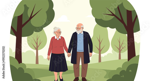 Elderly couple holding hands and enjoying a peaceful walk together through a lush green park filled with tall trees.