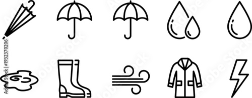 National Umbrella Month icons: rain, wind, boots, jacket, lightning