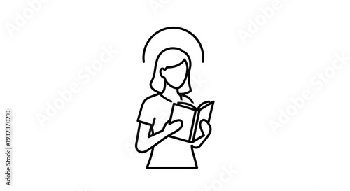 Simple Line Drawing of a Woman Reading a Book with Halo