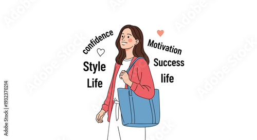 Confident young woman carrying a blue tote bag surrounded by positive words like motivation, success, style, and life.