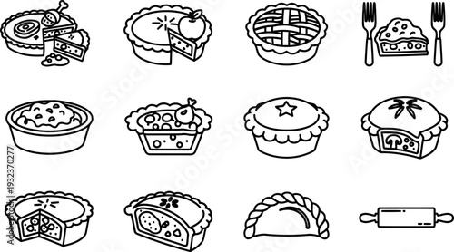 British Pie Week food icons in black and white vector