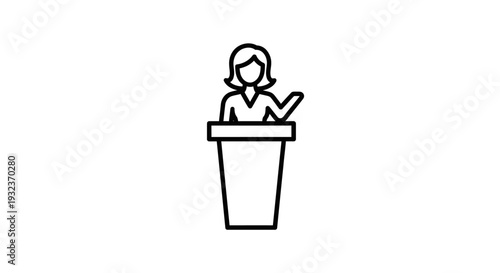 Woman Standing at Podium Giving a Speech or Presentation Simple Line Icon