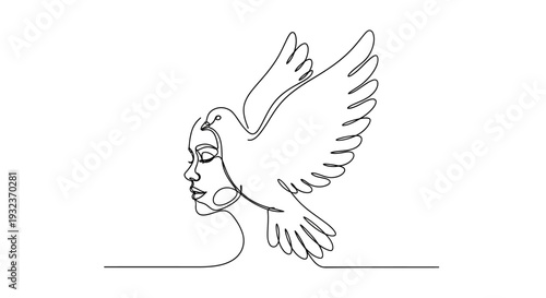 Woman with Dove Continuous Line Art Simple Silhouette