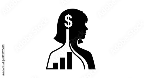 Woman Silhouette with Dollar Sign and Bar Graph Inside Head