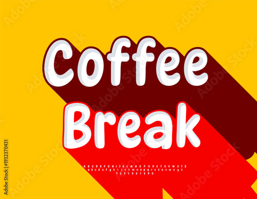Vector Marketing banner Coffee Break. Funny Font with Big Red Shadow. Bright Cute 3D Alphabet Letters and Numbers set.
