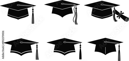 Black graduation caps vector illustration set with tassels and diploma, academic achievement symbols, education ceremony icons, student success celebration design
