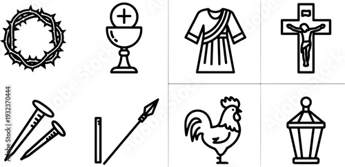 Passiontide Christian symbols linear icon set