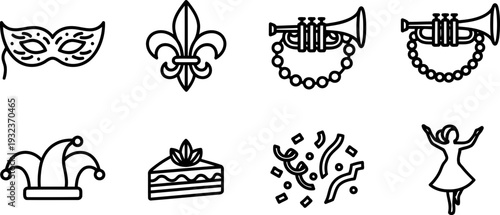 Mardi Gras celebration icon set in black and white outline style