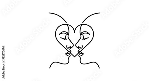 Continuous Line Drawing of Lovers Sharing a Kiss with Heart Shape Heads