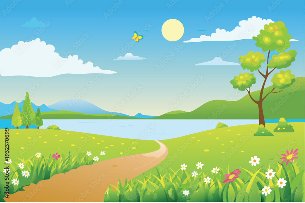 Naklejka premium Cartoon Landscape Path to Lake with Butterfly and Tree Sunny Day