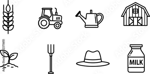 National Agriculture Week icons collection: wheat, tractor, barn, milk