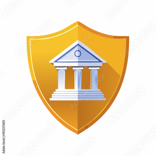Vector business icon of a bank building with columns on a shield isolated on white background