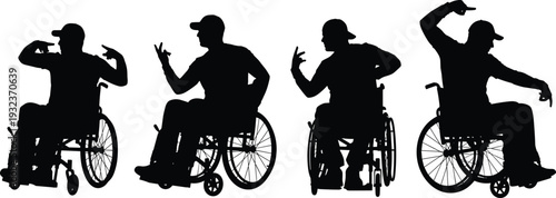 Black silhouette vector illustration of dynamic wheelchair users performing expressive poses, highlighting inclusivity, individuality, dance, performance, strength, and active lifestyle.