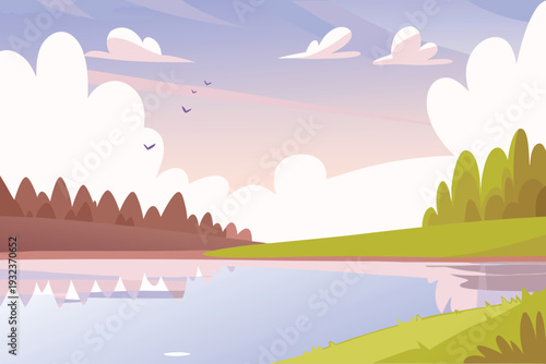 Cartoon Lakeside Landscape with Trees and Clouds at Sunset