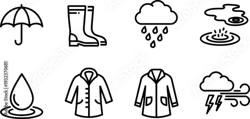 National Umbrella Month weather icons in black and white vector