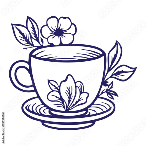 Elegant floral teacup illustration with blossom and laurel leaves minimalist design