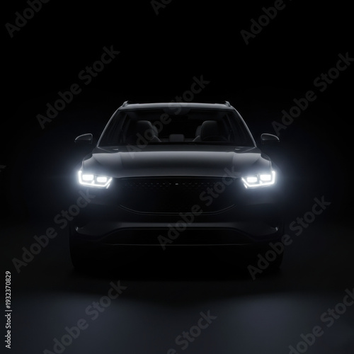 Front View of Dark SUV Car with Bright Headlights on Black Background