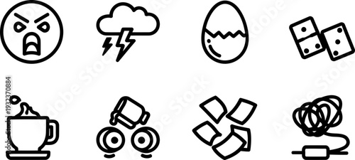 Panic Day icons set with angry face, storm, egg, dice