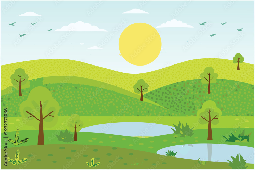 Obraz premium Cartoon Landscape With Rolling Hills Ponds Trees and SunStock Illustration