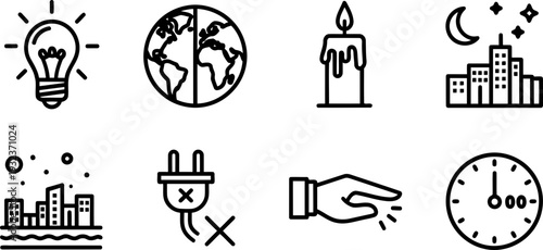 Earth Hour icons: globe, candle, city, unplugged power and lightbulb illustration