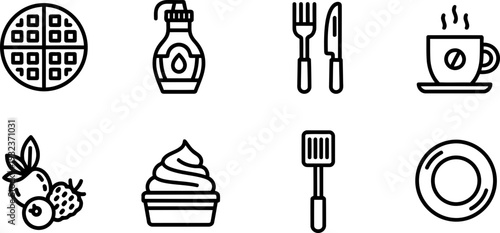 International Waffle Day icons set: waffle, syrup, cutlery, coffee
