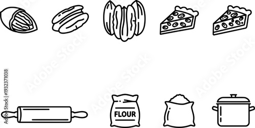 National Pecan Day baking ingredients and treats icon set