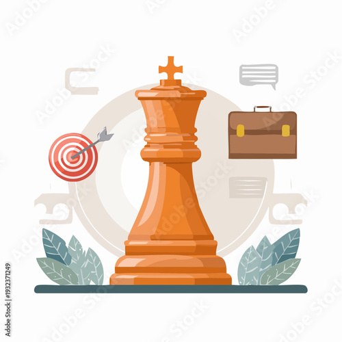 Vector business icon of a chess king piece standing triumphantly with a target hit by an arrow, isolated on a clean background