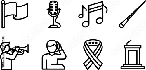 National Anthem Day icons collection with patriotic and music symbols