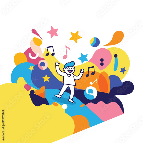 A joyous figure amidst music notes, stars, and abstract colorful forms