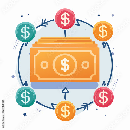 Vector business icon of money exchange process isolated on a white background with cash and currency symbols