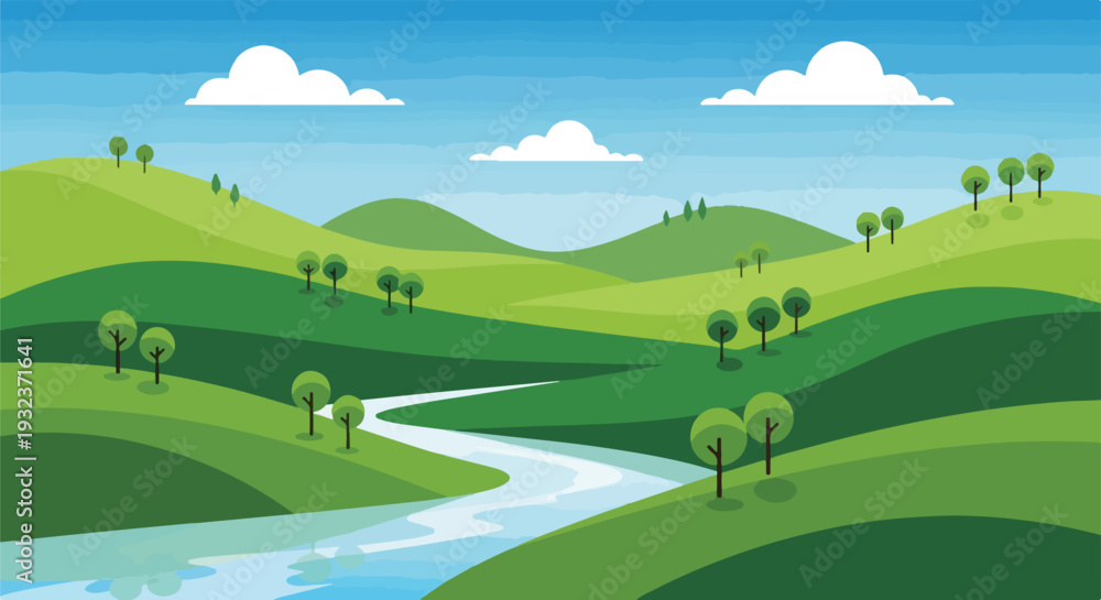 Fototapeta premium A landscape featuring green hills, trees, river and blue sky, with clouds