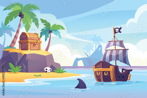 Cartoon Pirate Ship and Treasure Island with Shark Fin and Palm Trees Stock Illustration