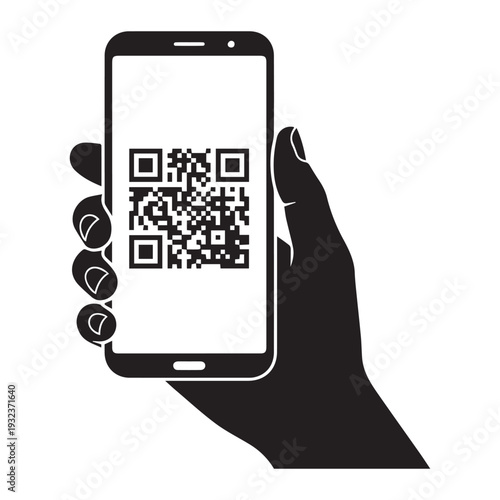 QR code in mobile in hand Icon Silhouette vector black design on a white background