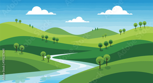 A landscape featuring green hills, trees, river and blue sky, with clouds