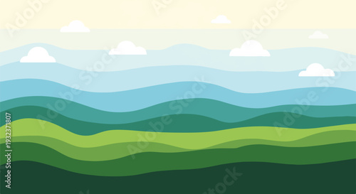 A layered landscape, with wavy forms and stylized white clouds in the sky