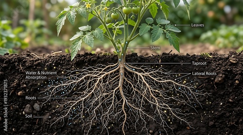 A detailed view of a plant's root system extending into the soil