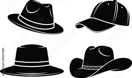 Black Hat Silhouette Vector Set Featuring Fedora, Baseball Cap, Bucket Hat and Cowboy Hat Isolated Fashion Collection Illustration