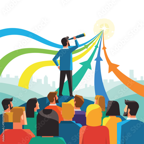 A leader looking into a telescope with arrows pointing towards the light