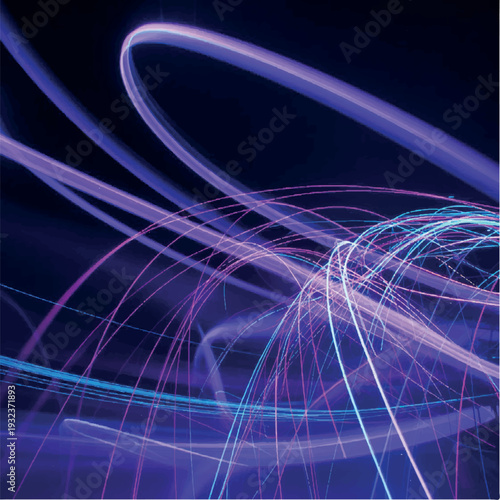 An abstract background of neon beams. A colorful animated backdrop with urban light trails. Purple glowing wavy swirls, pulsating cable lines. Long exposure.