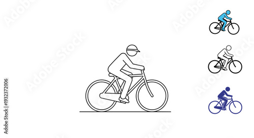 Set of cycling icons showing a cyclist in motion and three smaller silhouettes in different colors for sports and leisure.