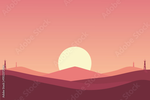 Desert Landscape with Oil Rigs at Sunset Minimalist Style