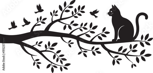 Cat on a tree with birds, vector