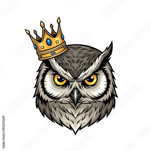 A majestic owl wearing a golden crown, symbolizing wisdom and royalty, with intense yellow eyes and detailed feather texture.