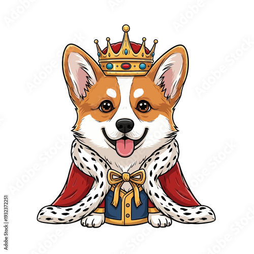 A regal corgi dog wearing a golden crown and a royal red cape lined with ermine, looking majestic and happy.