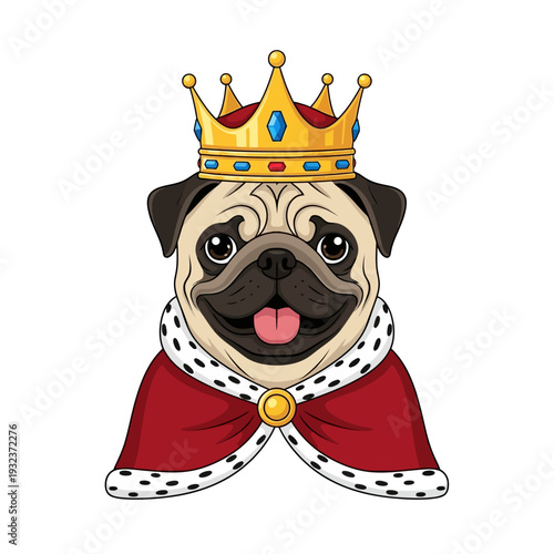 A regal pug dog wearing a golden crown and a royal red cape lined with white fur, looking directly at the viewer with its tongue slightly out.