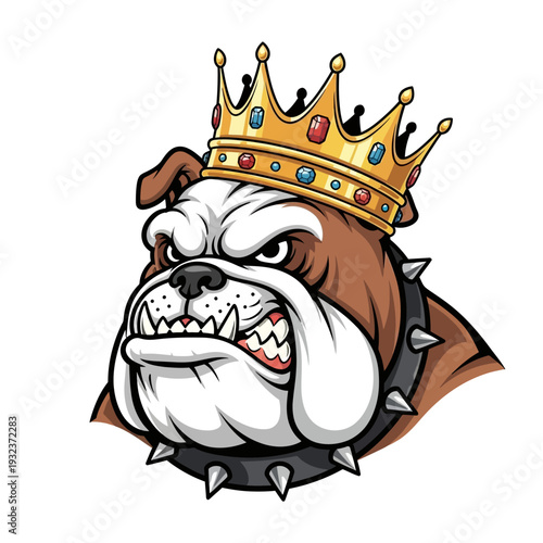 An illustration of a fierce-looking bulldog wearing a golden crown and a spiked collar, symbolizing power and royalty.