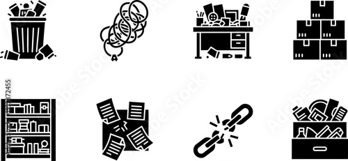 Clutter Awareness Week icon set showing messy trash, tangled cords, cluttered desk, stacked boxes