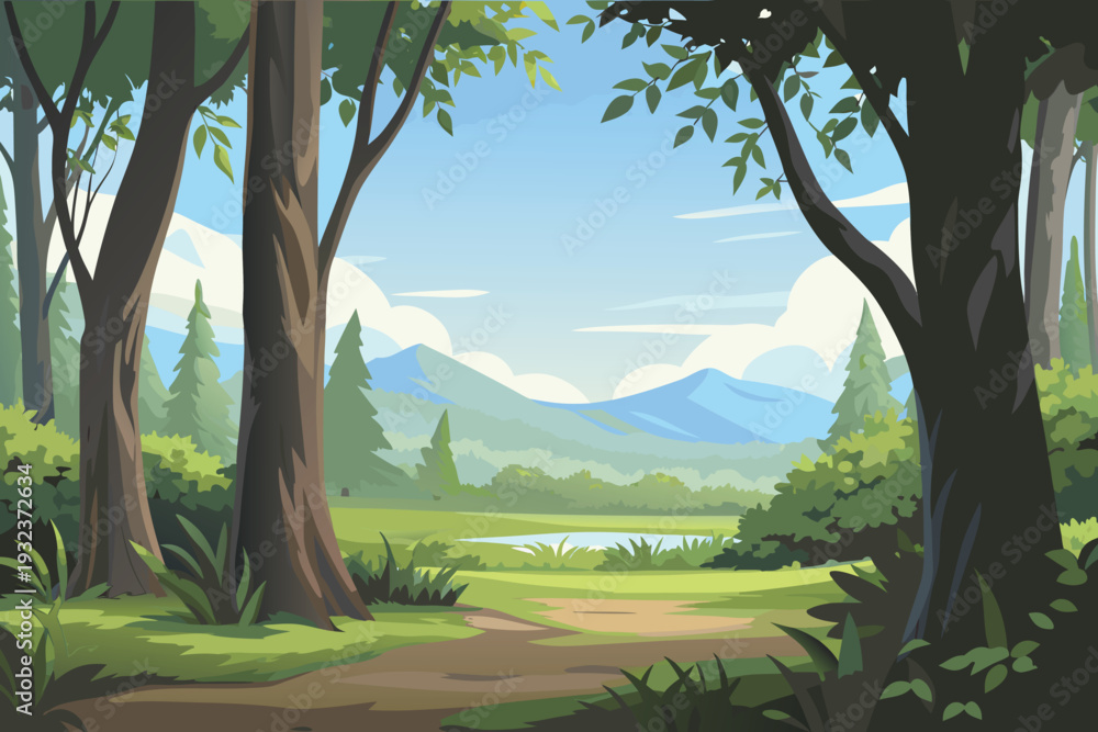 Fototapeta premium Forest Path with Lake and Mountains in Distance Sunny Day Stock Illustration