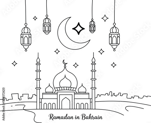 Ramadan in Bahrain illustration, crescent moon and mosque line art, Islamic lanterns night scene, Eid Mubarak greeting background vector